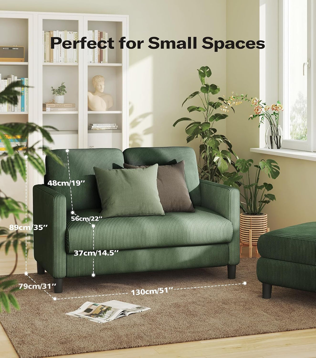 Welzona Loveseat Sofa, 51' Love Seat, Comfy Corduroy Small Loveseat for Small Spaces, Tool-Free Setup Couch for Bedroom, All-Wood Couches for Living Room, Green