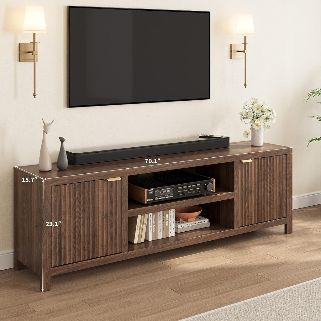 IDEALHOUSE Fluted TV Stand for 75+ Inch, Modern Entertainment Center with 2-Tier Storage & Adjustable Shelves, Media Console Cabinet with 2 Fluted Doors and Gold Handle for Living Room Bedroom, Walnut