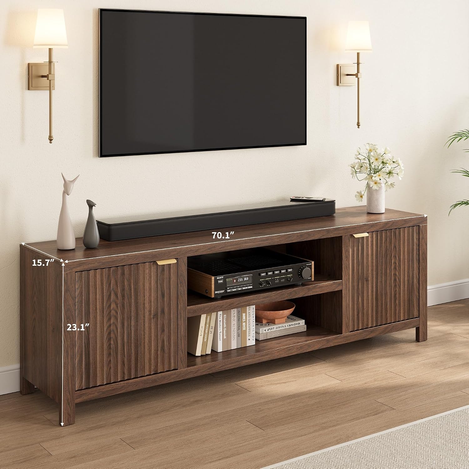 IDEALHOUSE Fluted TV Stand for 75+ Inch, Modern Entertainment Center with 2-Tier Storage & Adjustable Shelves, Media Console Cabinet with 2 Fluted Doors and Gold Handle for Living Room Bedroom, Walnut