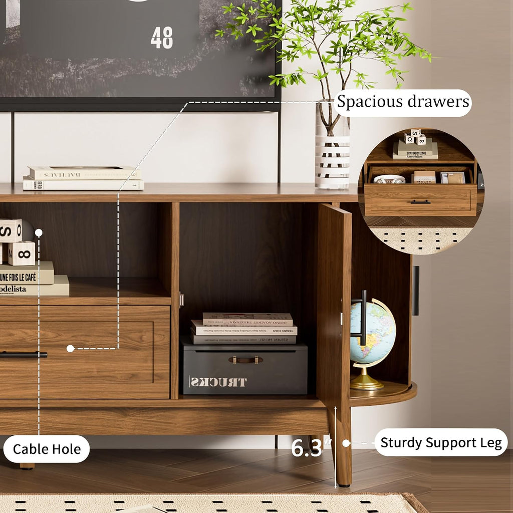 Mxtxmy 63' Fluted TV Stand for Tvs up to 70', Mid-Century Modern Entertainment Center with Drawers and Fluted Doors, Curved TV Media Console Table with Sliding Doors for Living Room, Bedroom (63')
