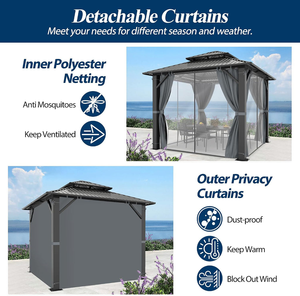 COVERONICS 8.5' x 8.5' Outdoor Hardtop Gazebo - Aluminum Heavy-Duty Double Roof Vented Gazebo with Breathable Netting & Privacy Curtains for Patio, Porch, Garden, Lawn