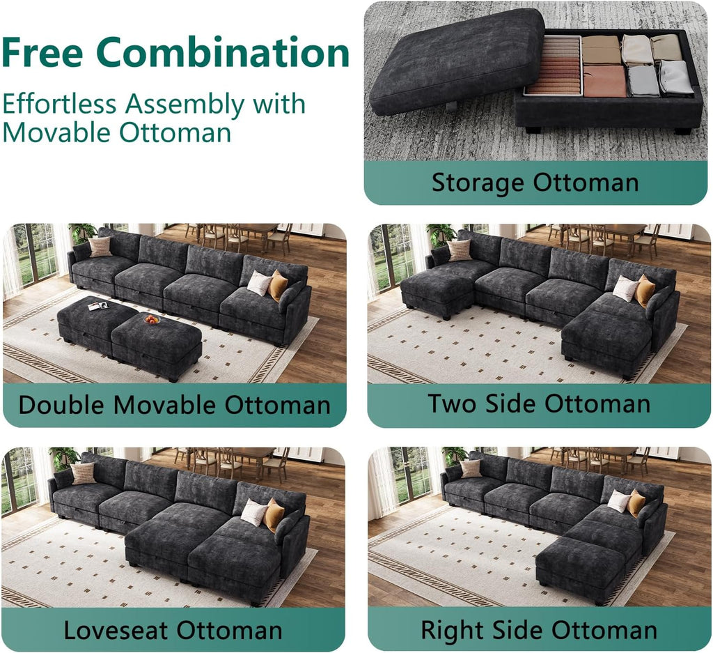 Modular Sectional U Shaped Sofa Couches for Living Room, Cloud Couch with Storage Ottoman, Comfy Chenille Sofa with Pillow, Black
