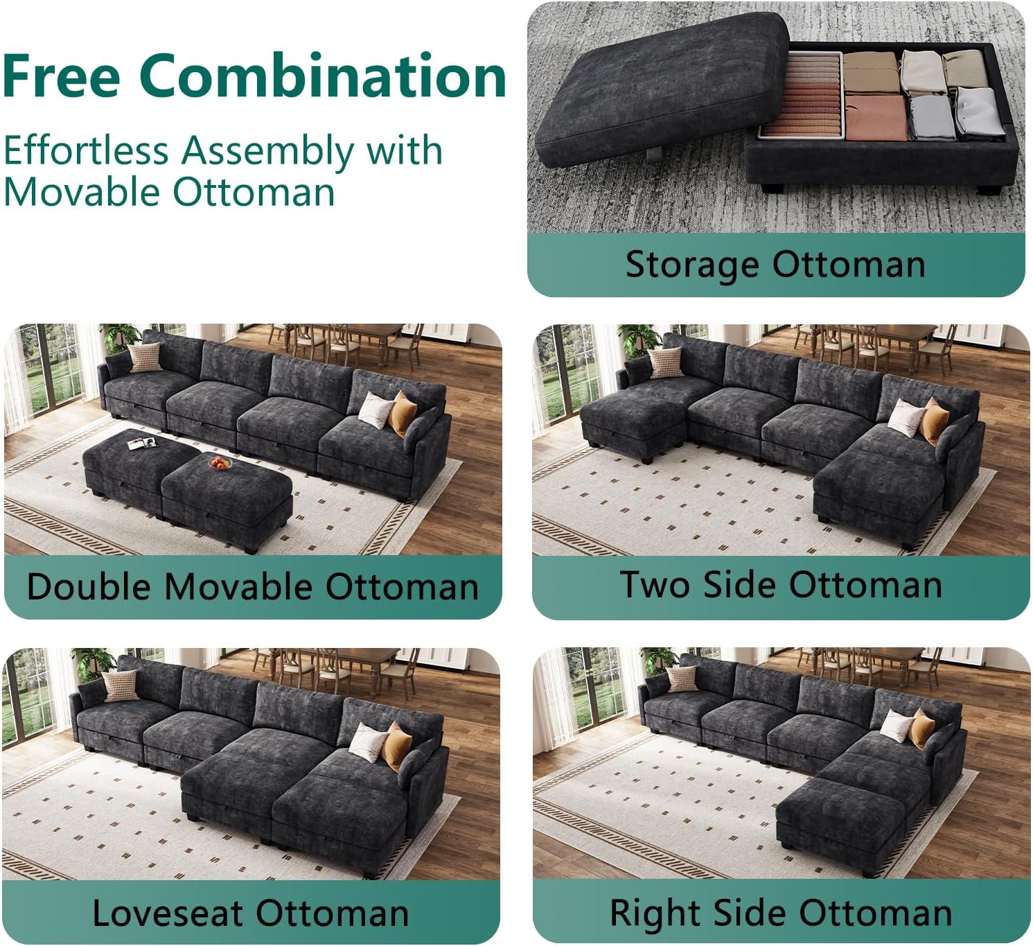 Modular Sectional U Shaped Sofa Couches for Living Room, Cloud Couch with Storage Ottoman, Comfy Chenille Sofa with Pillow, Black