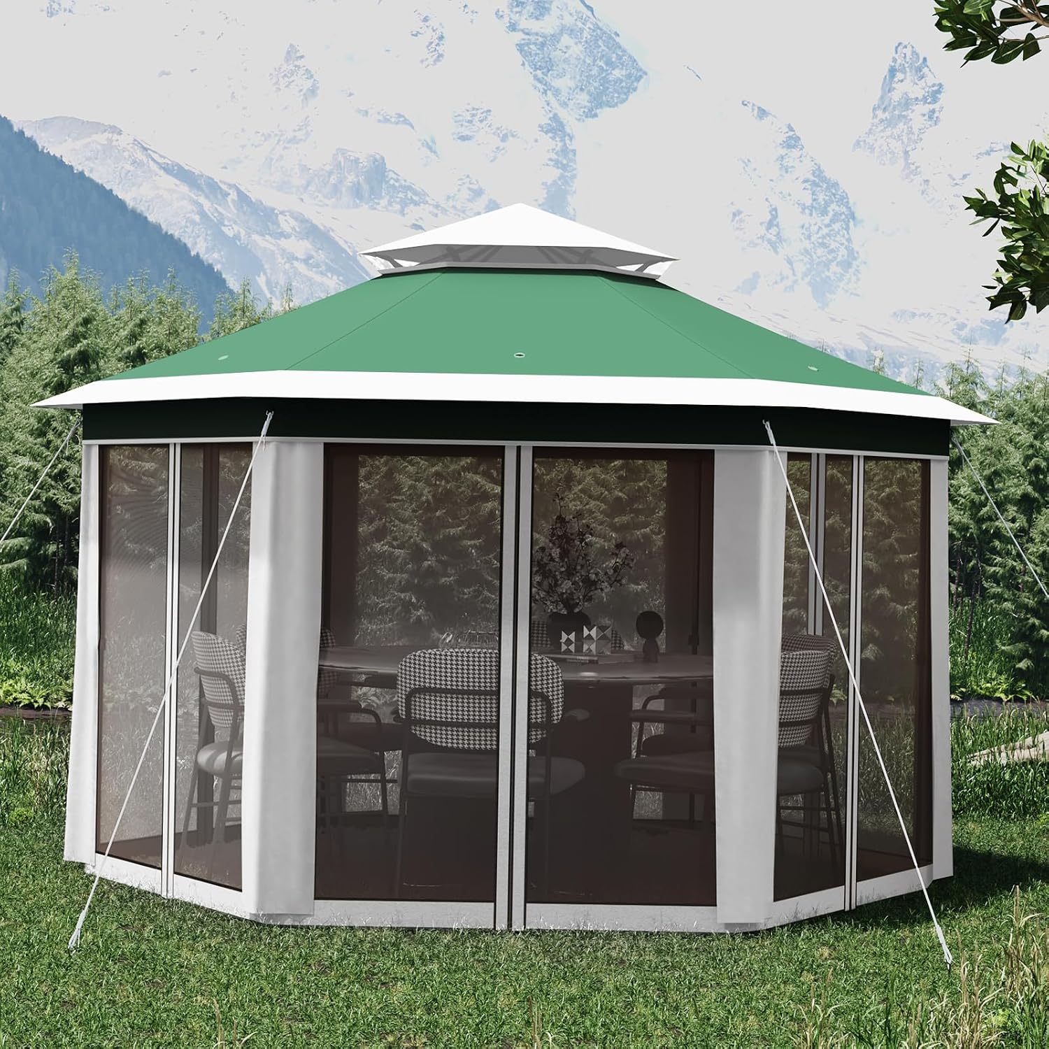13'x13' Pop Up Gazebo, Hexagonal Outdoor Canopy Tent, [Sturdy Metal Frame] Instant Pop Up Tent with Mesh Netting, Waterproof & UV-Resistant Outdoor Gazebo for Backyard, Patio, Deck, Lawn Party(Green)