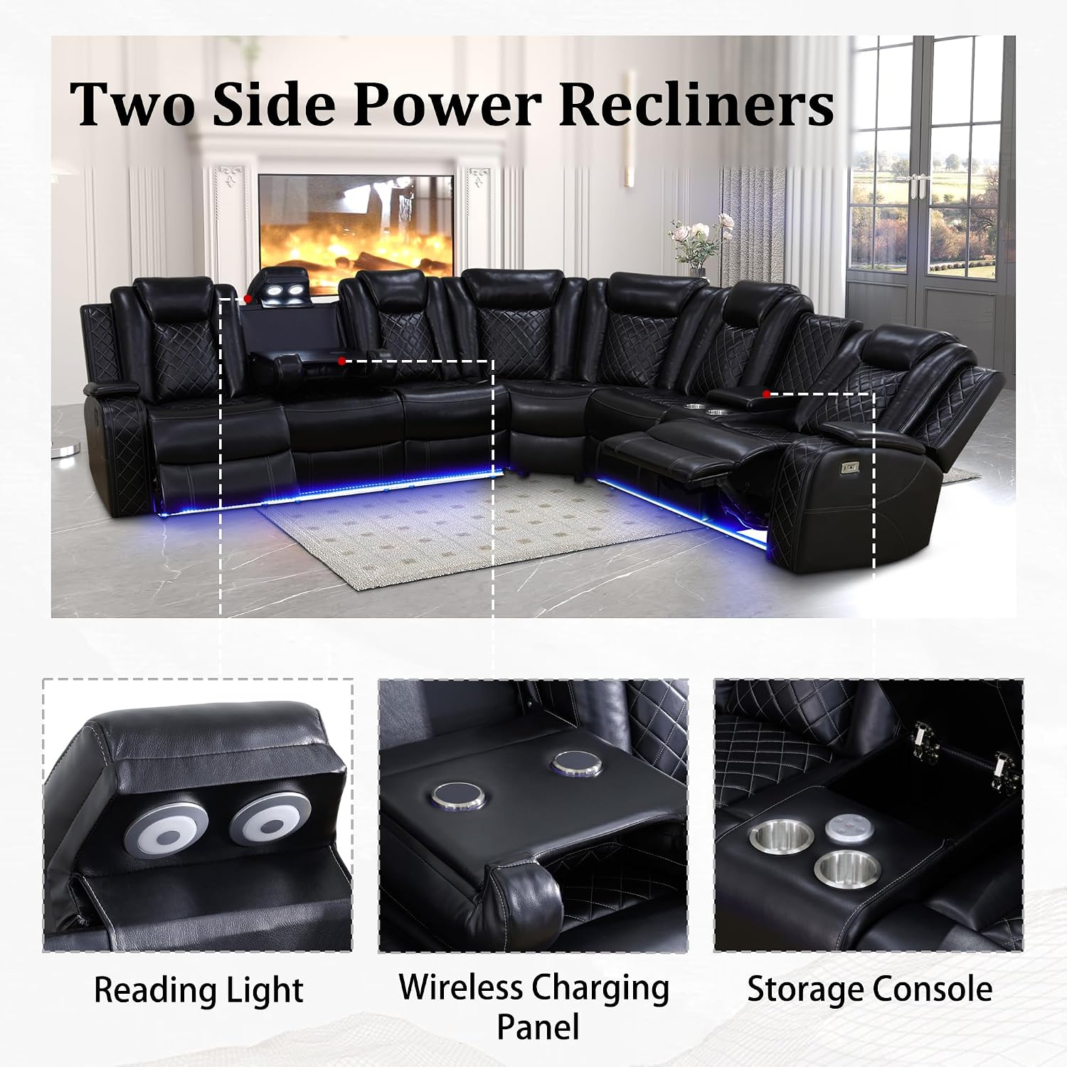 Power Recliner Sofa Set with LED, Breathing Leather Sectional Couch for Living Room, Living Room Furniture Set L Shaped Reclining Couch and Chair with Cup Holders&Storage (Black)