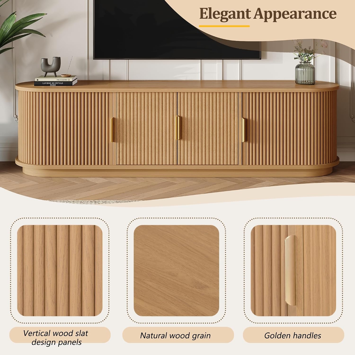 Merax Fluted Wooden TV Stand for TVs up to 75', Farmhouse Media Console with Sliding Door and Golden Handles, Curved Television Cabinet with Adjustable Storage Shelves for Living Room, Natural