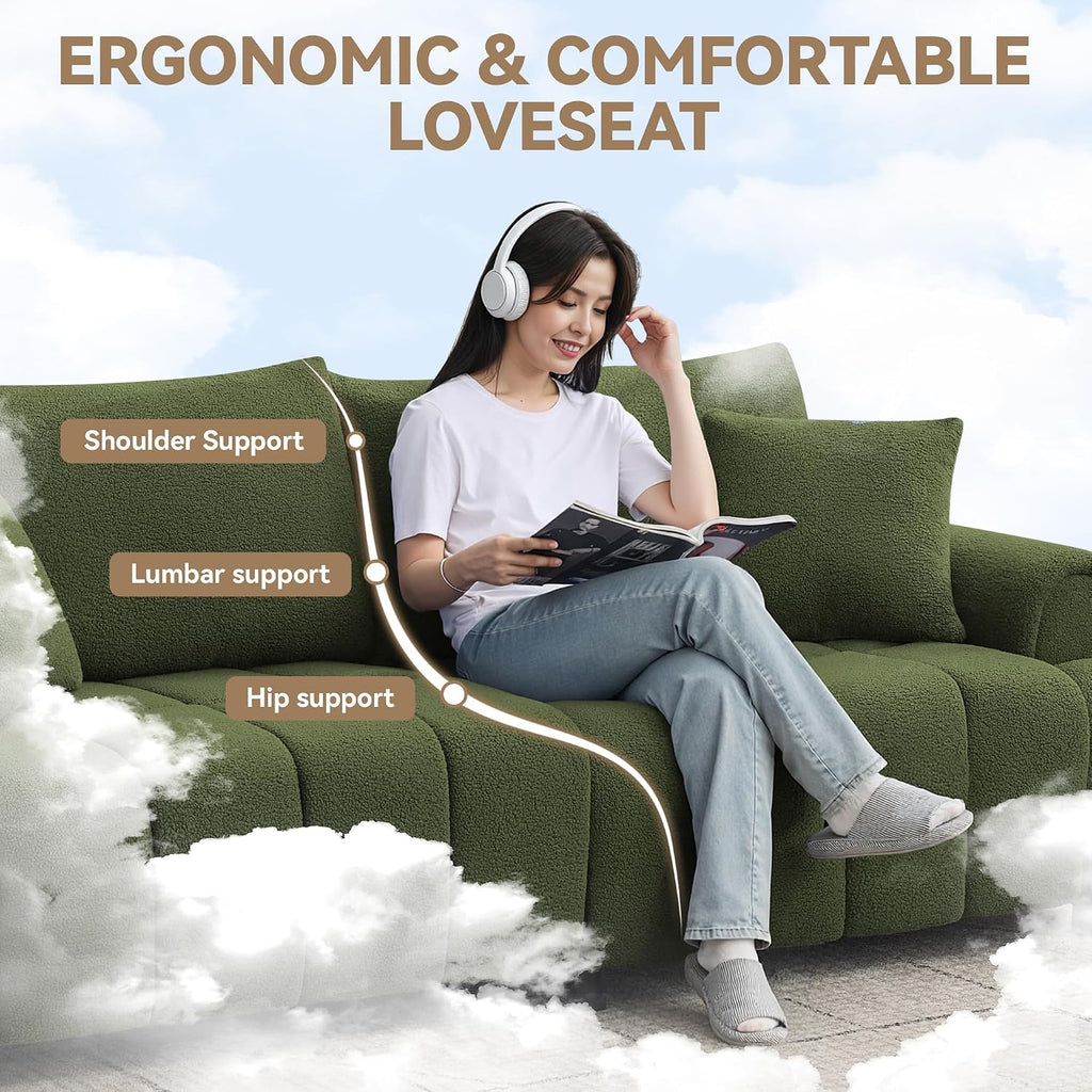 88 'Modern Boucle Sofa Couch, Oversized Comfy 3 Seater Sherpa Curved Sofas Deep Seat, Upholstered Loveseat Teddy Round Arm Couches for Living Room, Bedroom, Green