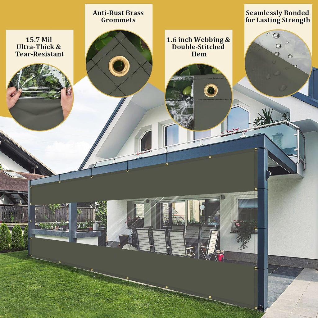 Shade&Beyond Outdoor Vinyl Curtain, 9'W x 16'L Heavy Duty Clear Tarp with Grommets Waterproof, Privacy Clear Panel UV-Resistant for Pergola Gazebos Porch Enclosure Patio(Customized Size, Gray)