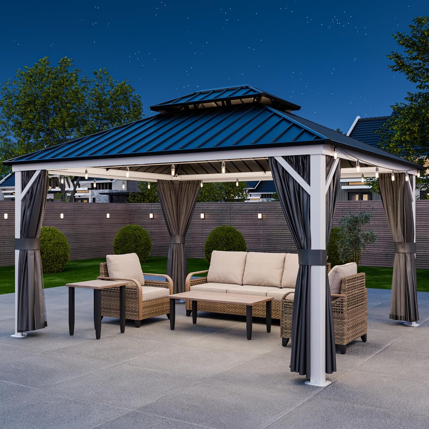 EAGLE PEAK 12x14 Hardtop Gazebo, Galvanized Steel Double Roof with Aluminum Frame, Outdoor Pavilion with Netting and Curtains for Patio, Deck, Lawn and Garden, White/Gray
