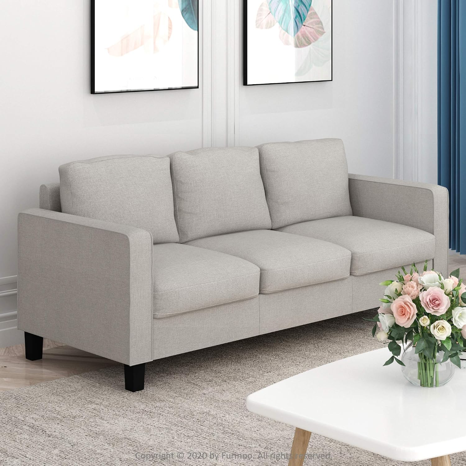Furinno Bayonne Modern Upholstered 3-Seater Sofa Couch for Living Room, Fog