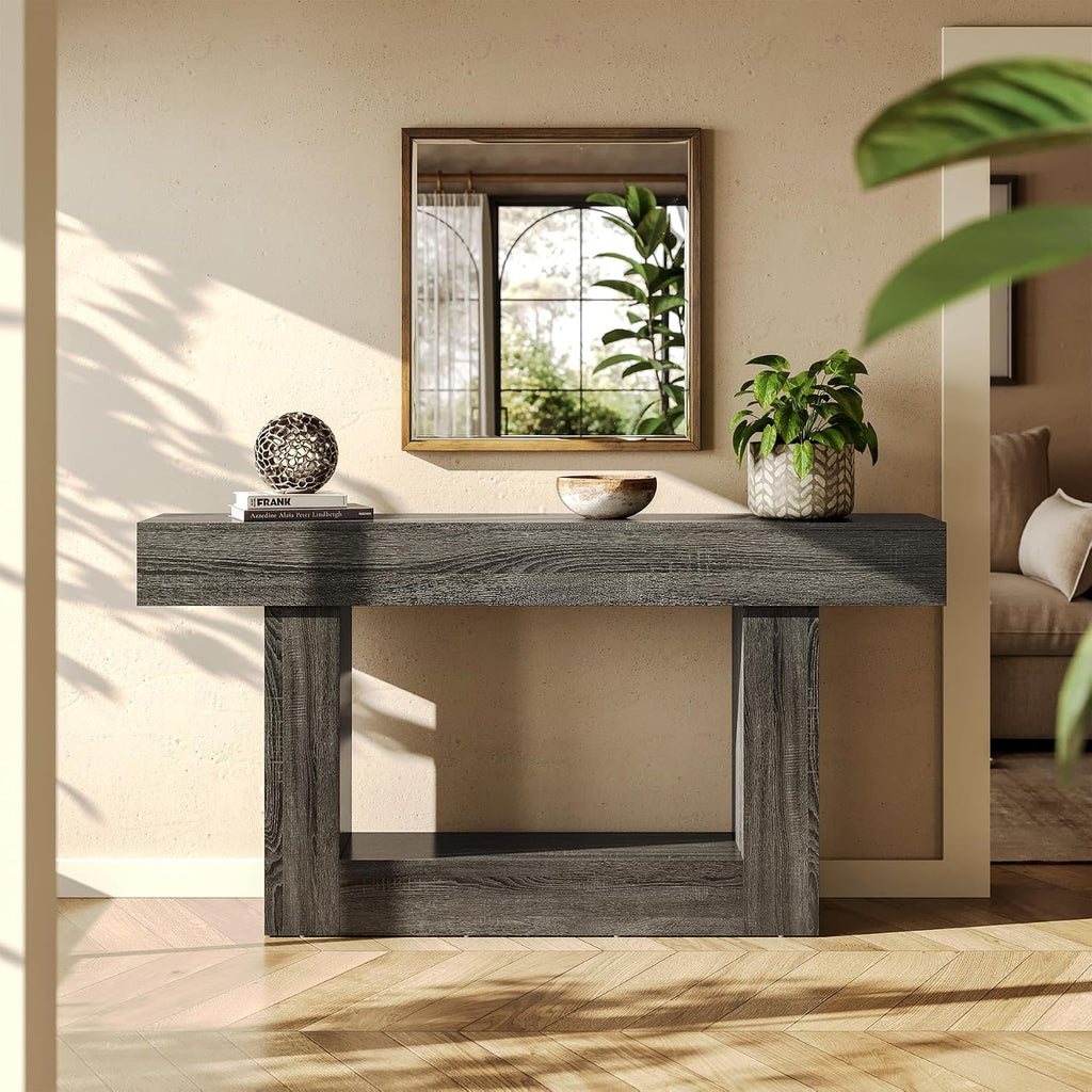 LITTLE TREE 63 Inches Long Console Table, 2-Tier Farmhouse Sofa Table Behind Couch, Large Narrow Entryway Table for Living Room, Wooden Hallway Foyer Table with Heavy Duty Base, Grey