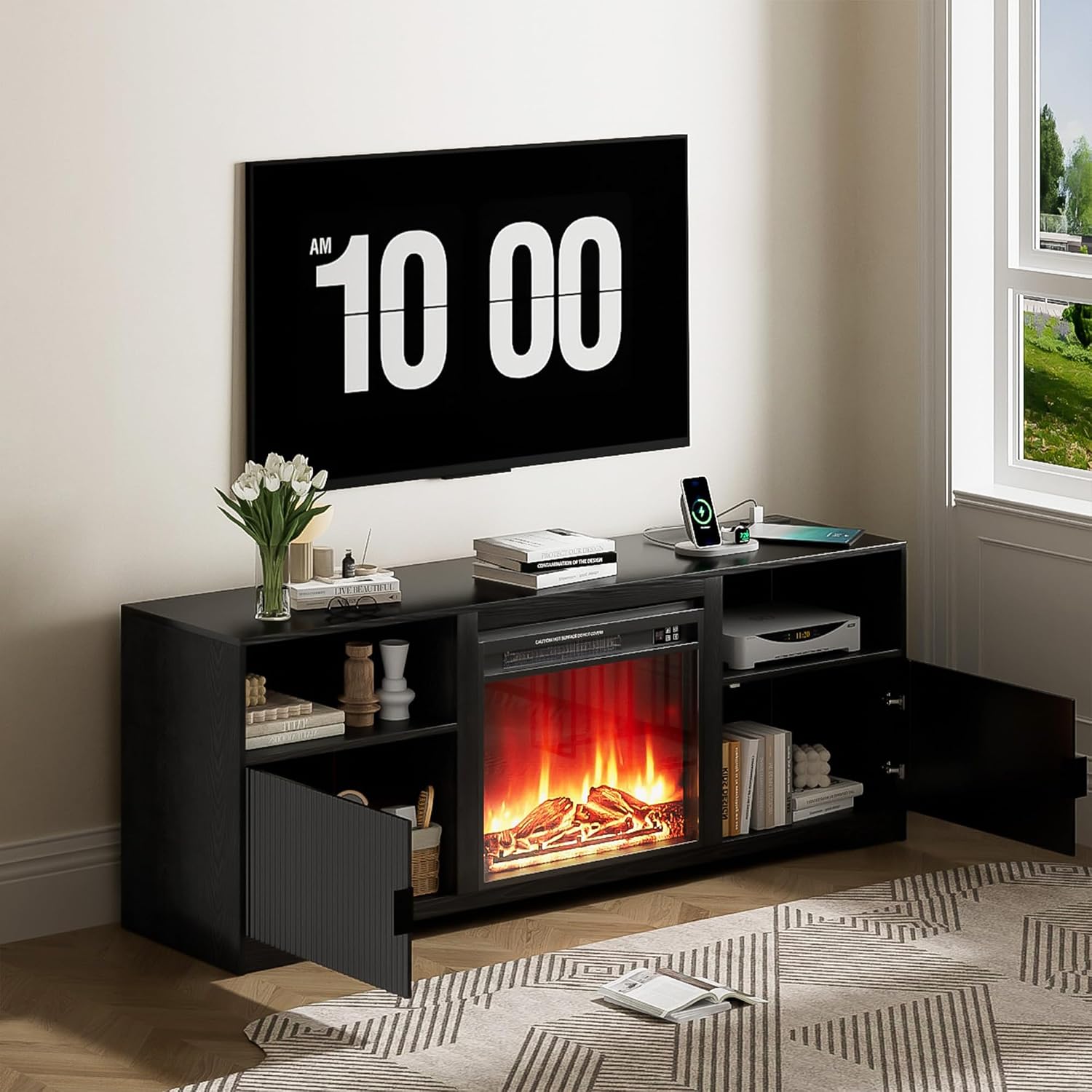 Mxtxmy Fireplace TV Stand for Television up to 80 Inch,Entertainment Center with Adjustable Shelf,Mid-Century Modern Fluted TV Stand with 23' Electric Fireplace,Media Console for Living Room,Bedroom