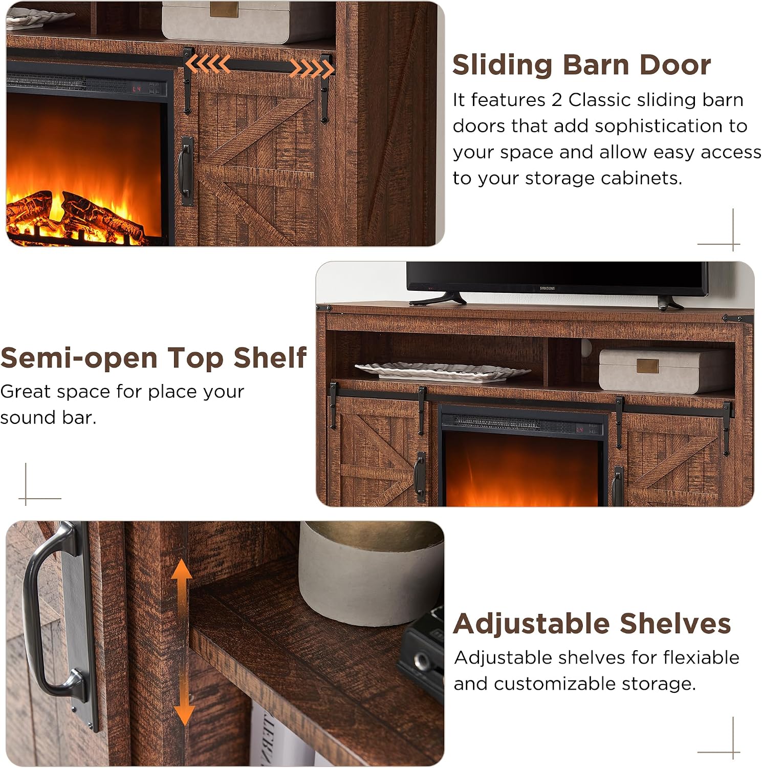 OKD Fireplace TV Stand for 65+ Inch TV, 33' Tall Highboy Farmhouse Entertainment Center w/ 23'' Electric Fireplace, Rustic Media Console w/Sliding Barn Door for Living Room, Reclaimed Barnwood Color