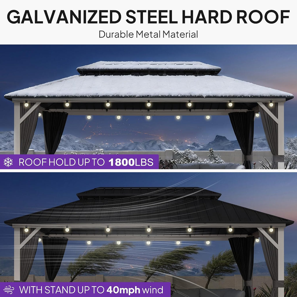 PURPLE LEAF 10' X 16' Outdoor Gazebo Galvanized Steel Double Roof White Aluminum Frame Hardtop Heavy Duty Gazebo with Curtain and Netting for Patio Garden and Backyard, Grey