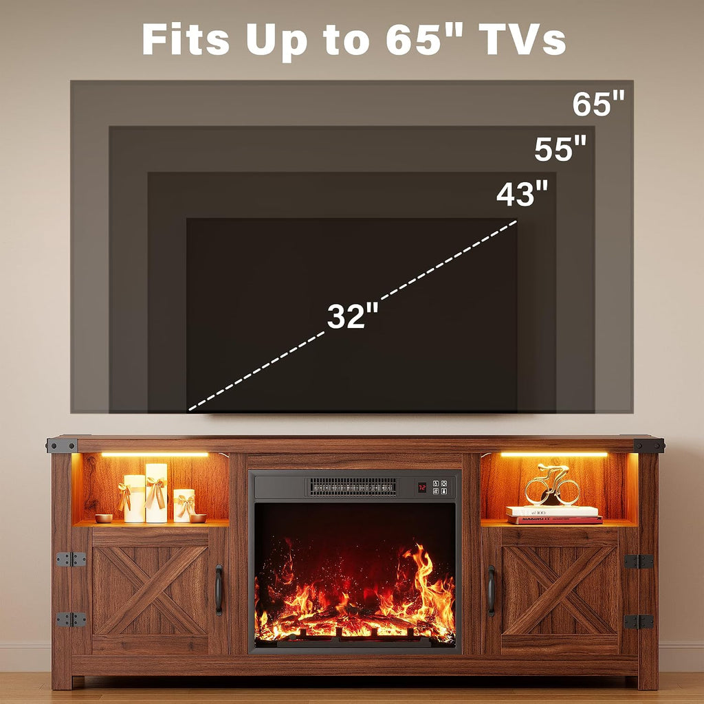 YESHOMY LED Fireplace TV Stand with Mood Lighting, TV Cabinet with Open Shelf, Farmhouse Media Console with Hidden Cable Routing, Entertainment Center for Televisions up to 65+ Inch, Walnut