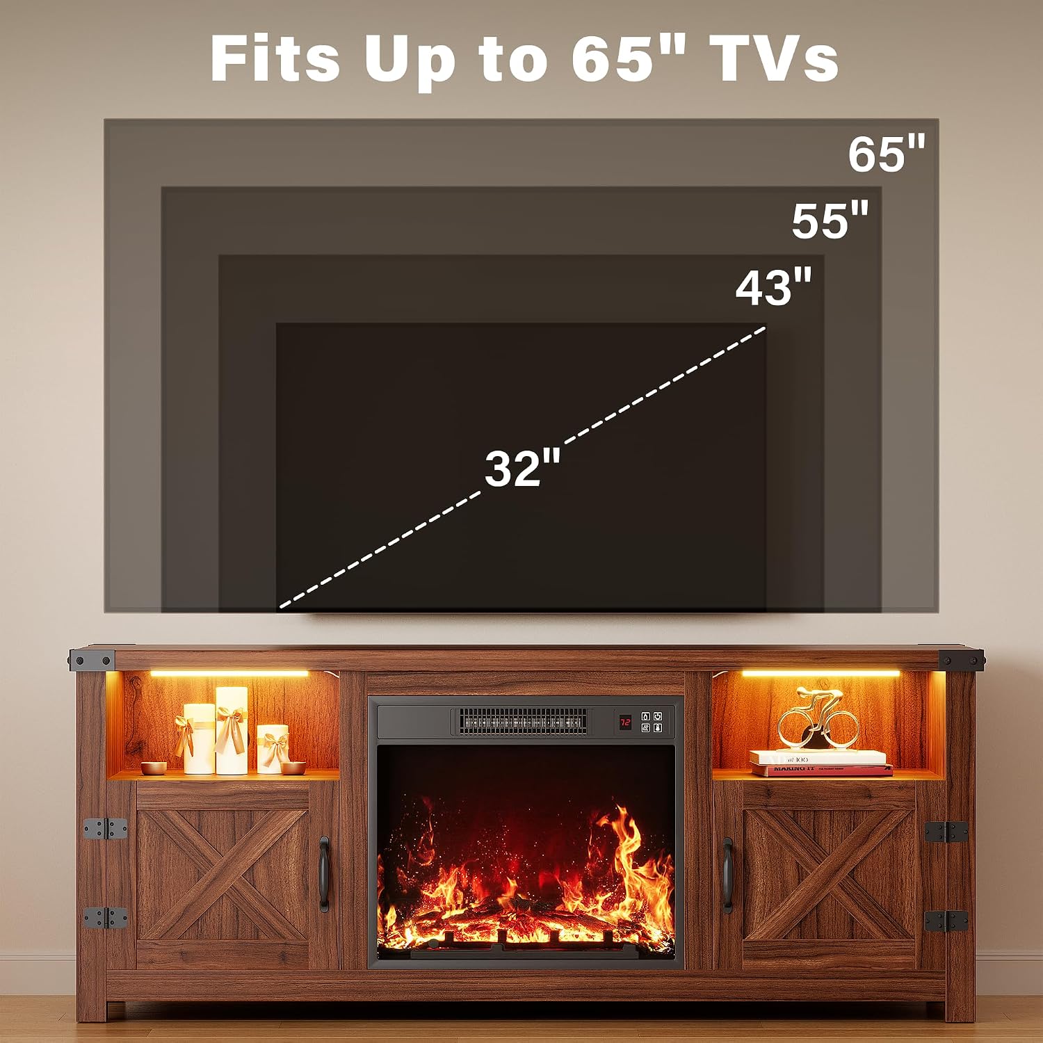 YESHOMY LED Fireplace TV Stand with Mood Lighting, TV Cabinet with Open Shelf, Farmhouse Media Console with Hidden Cable Routing, Entertainment Center for Televisions up to 65+ Inch, Walnut