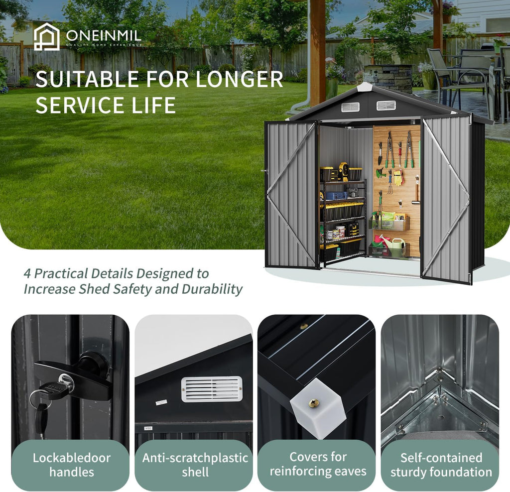 6.4' x 4' Outdoor Metal Storage Shed, Lockable Utility Garden Shed for Tools, Bikes, and Equipment, Perfect for Backyard, Patio, and Poolside (Black)