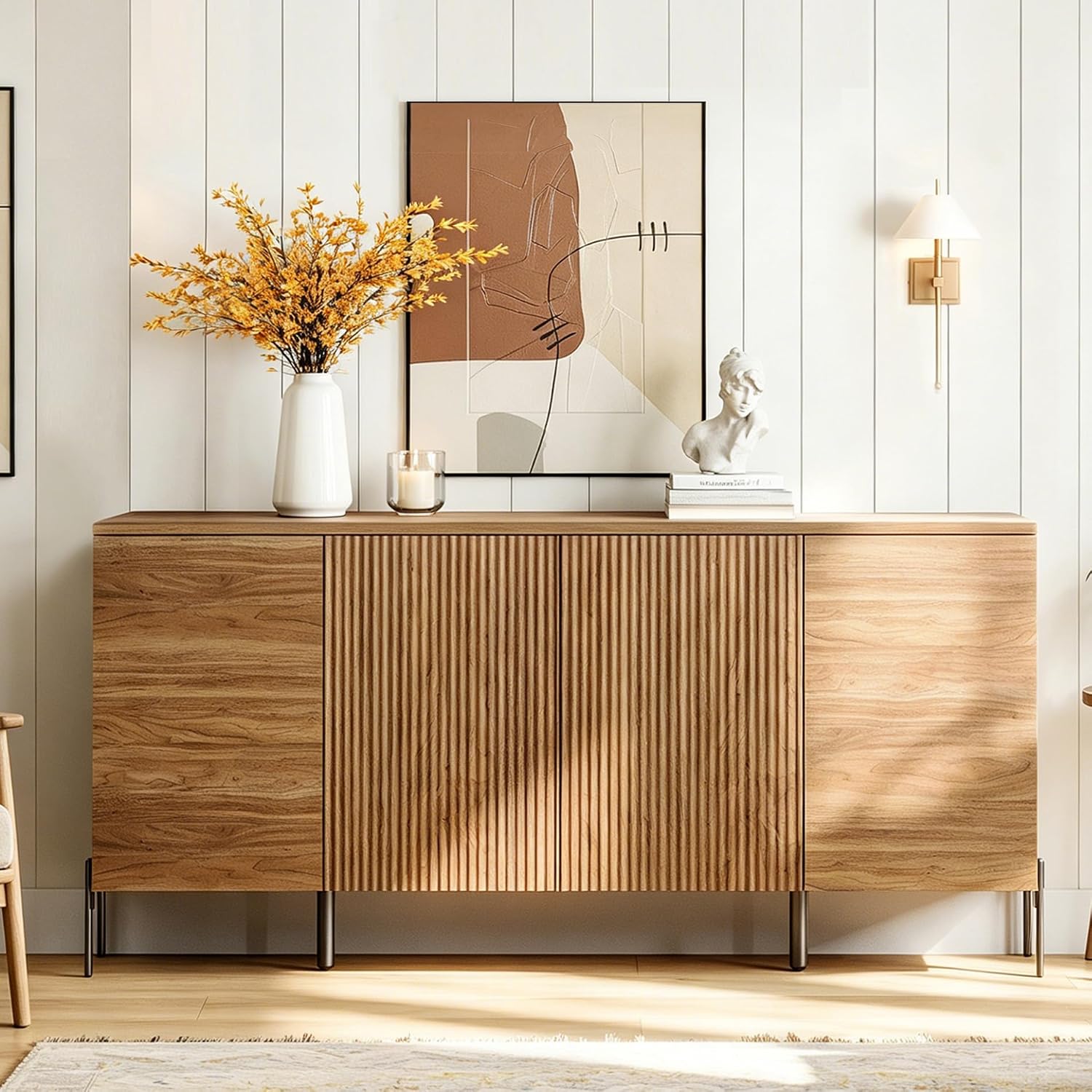 WAMPAT 61.6' TV Stand Cabinets for TVs up to 70 Inches, Entertainment Center with Storage Cabinets and 4 Doors, Mid Century Modern Media TV Console Table for Living Room Bedroom, Brown