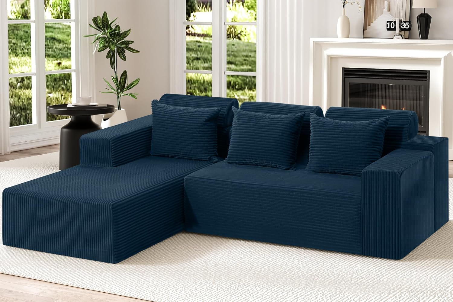 Homguava Modular Sectional Couches for Living Room,105' Cloud Couch with L-Shape Chaise,Comfy Sofa Living Room Sofas with Deep Seat,No Assembly L Couch,Corduroy Fabric(Blue,L)
