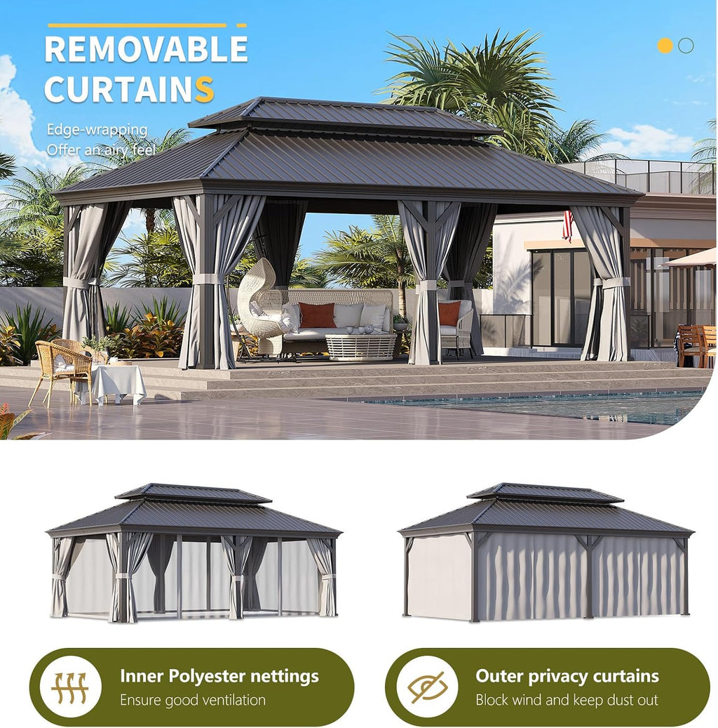12'x20' Grey Double-top Rectangular Column Iron Sheet Pavilion, Suitable for Outdoor Courtyards and Gardens, Luxurious Iron-top Tent with Enclosure Fabric,