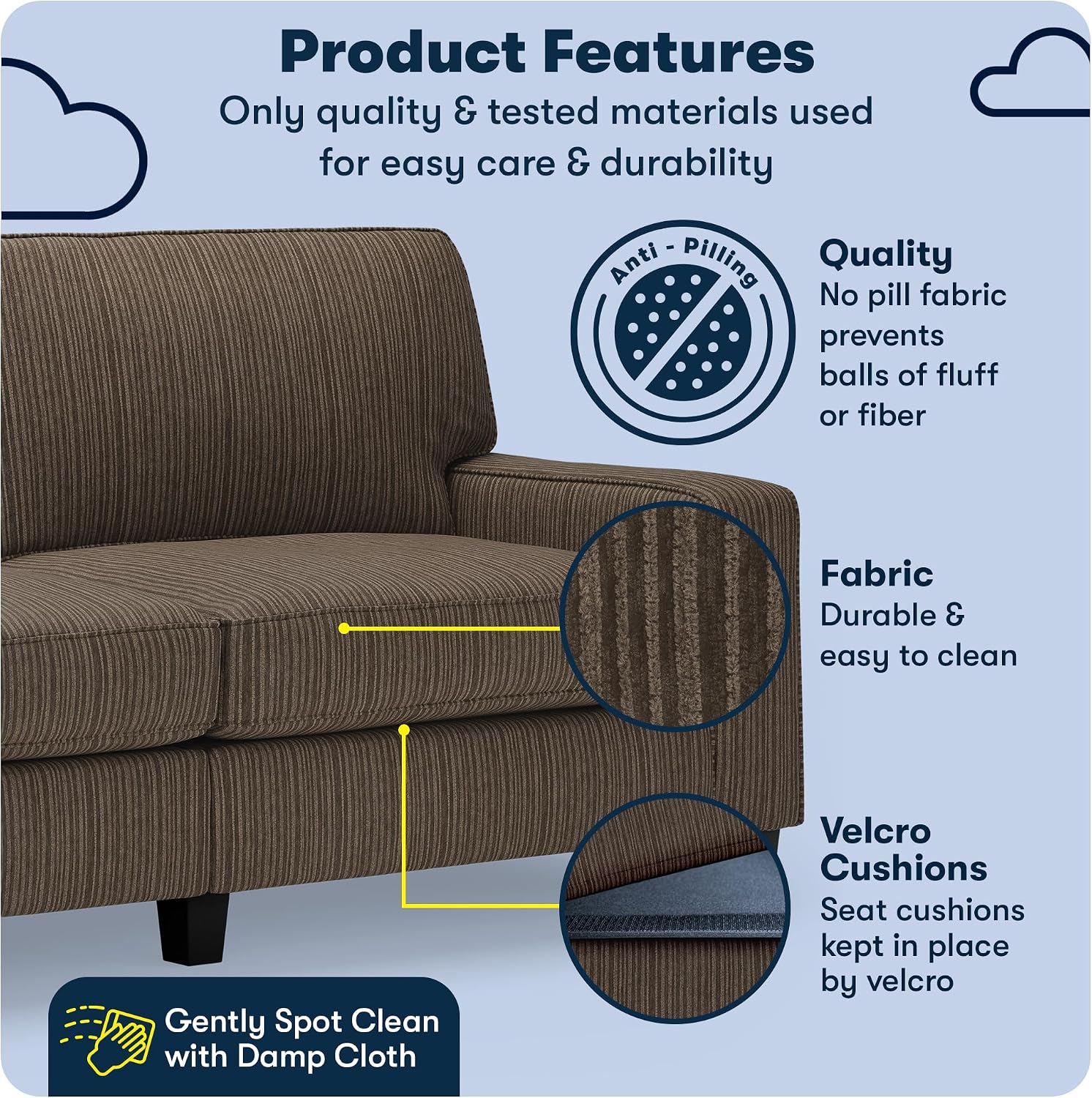 Serta Palisades 78' Track Arm Sofa, Easy Care Polyester, Soft Pillow Back, Pocket Coil Seat Cushions, Removable Covers, Loveseat or Couch for Small Spaces, Living Rooms or Bedrooms, Brown