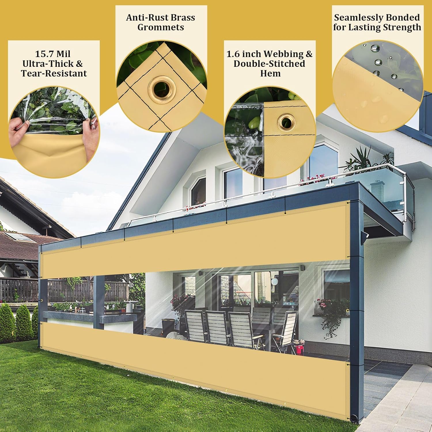 Shade&Beyond Outdoor Vinyl Curtain, 7'W x 17'L Heavy Duty Clear Tarp with Grommets Waterproof, Privacy Clear Panel UV-Resistant for Pergola Gazebos Porch Enclosure Patio(Customized Size, Beige)