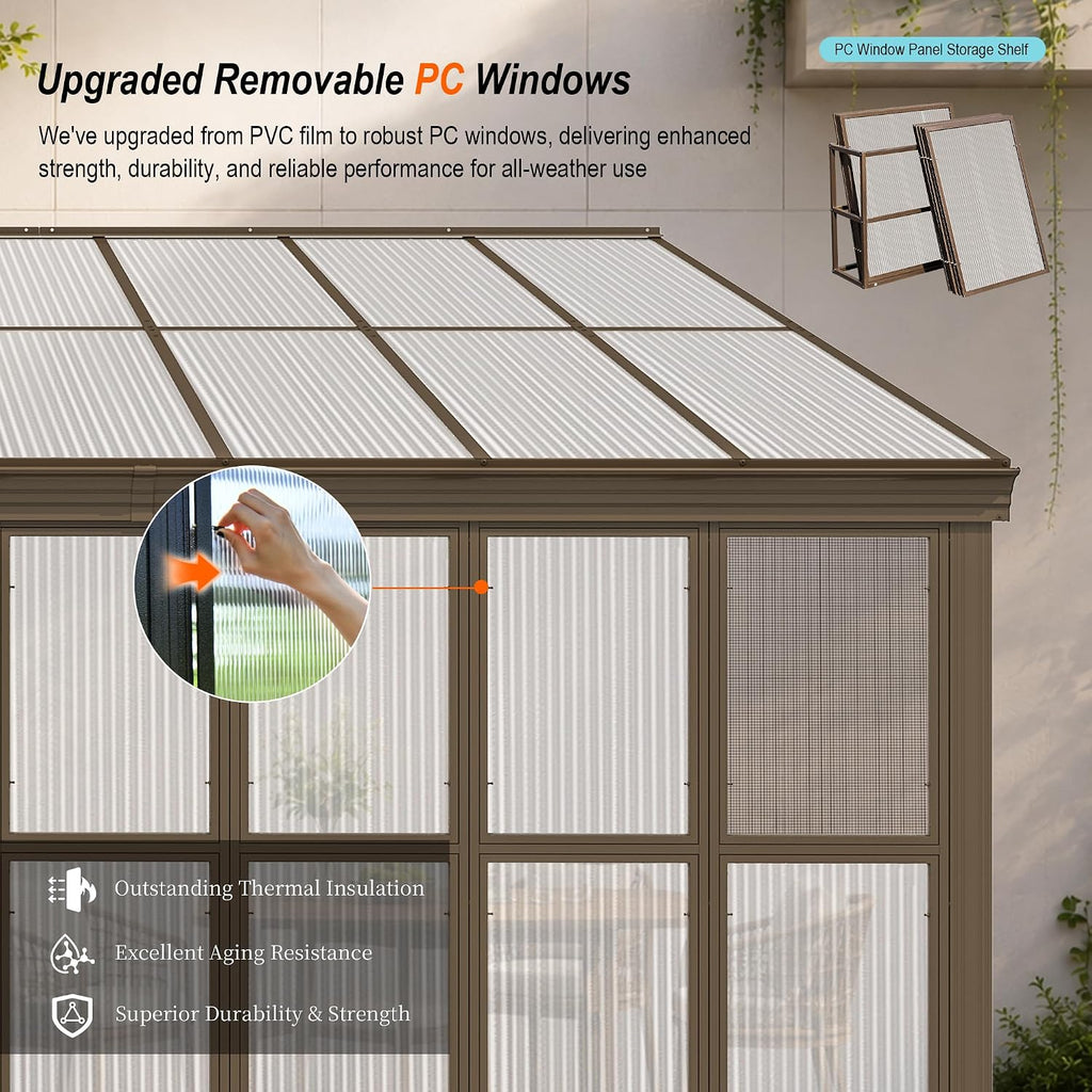 Domi 12x20FT Sunroom, Wall Mounted Sunroom with Polycarbonate Sloping Roof, Outdoor Sunroom Gazebo with Detachable PC Screen, 3 Sliding Double Doors, Lean to Sun Room for Patio, Deck
