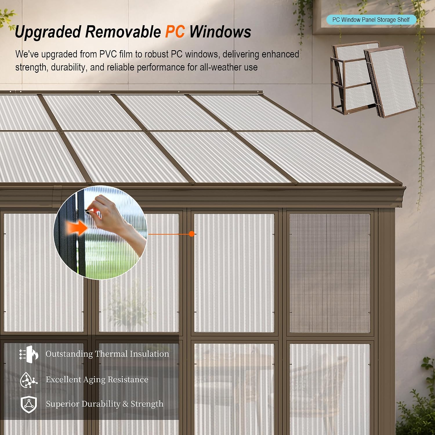 Domi 12x20FT Sunroom, Wall Mounted Sunroom with Polycarbonate Sloping Roof, Outdoor Sunroom Gazebo with Detachable PC Screen, 3 Sliding Double Doors, Lean to Sun Room for Patio, Deck