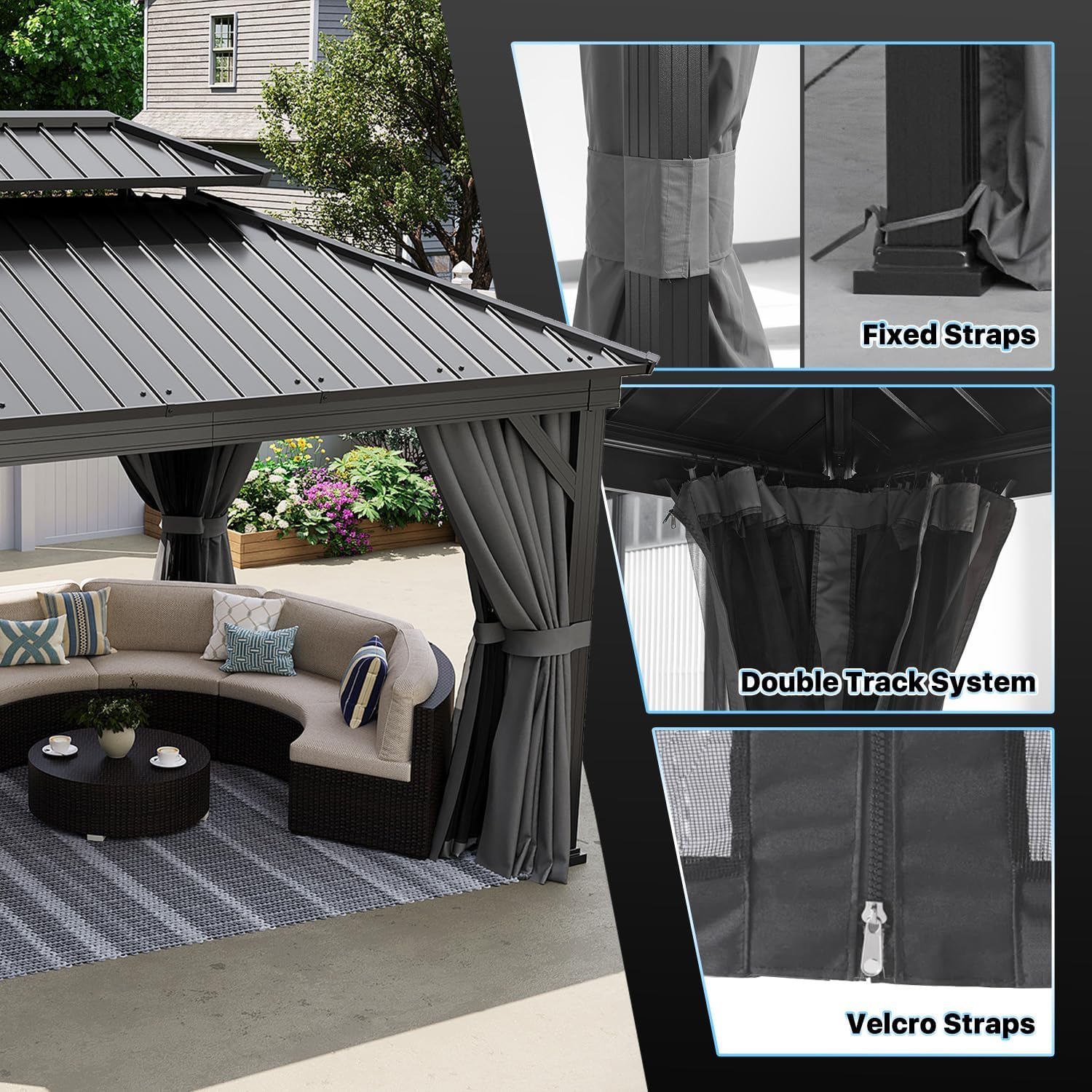 10' x 12' Gray Hardtop Gazebo, Rectangular Double Roof Metal Pavilion with Posts, Outdoor Gazebo with Curtains for Patio, Deck, and Backyard