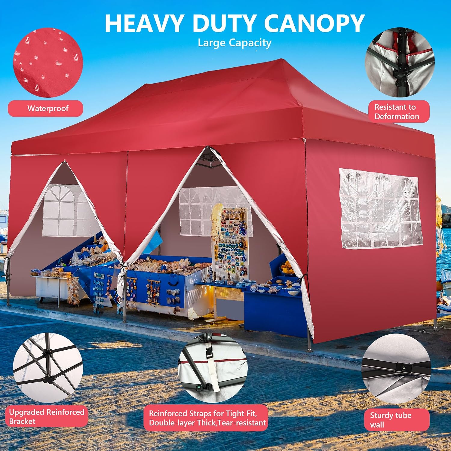 GDY 10'x20' Pop Up Canopy, Folding Party Tent with 6-Panel Removable Sidewalls, Heavy Duty Outdoor Commercial Instant Gazebo with Wheeled Bag, Red.