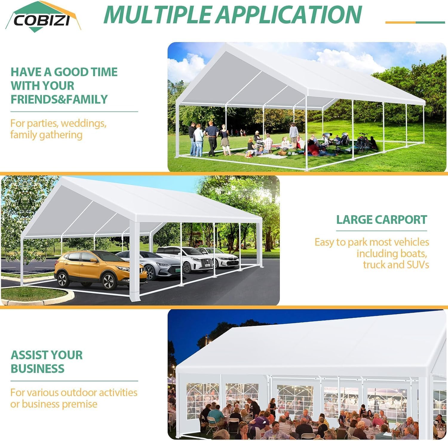 COBIZI 20x30 Party Tent Heavy Duty, Galvanized Wedding Tent, Event Shelter for Parties, Large Outdoor Gazebo with Removable Sidewall & Built-in Sandbag, Carpas para Fiestas, Waterproof, White