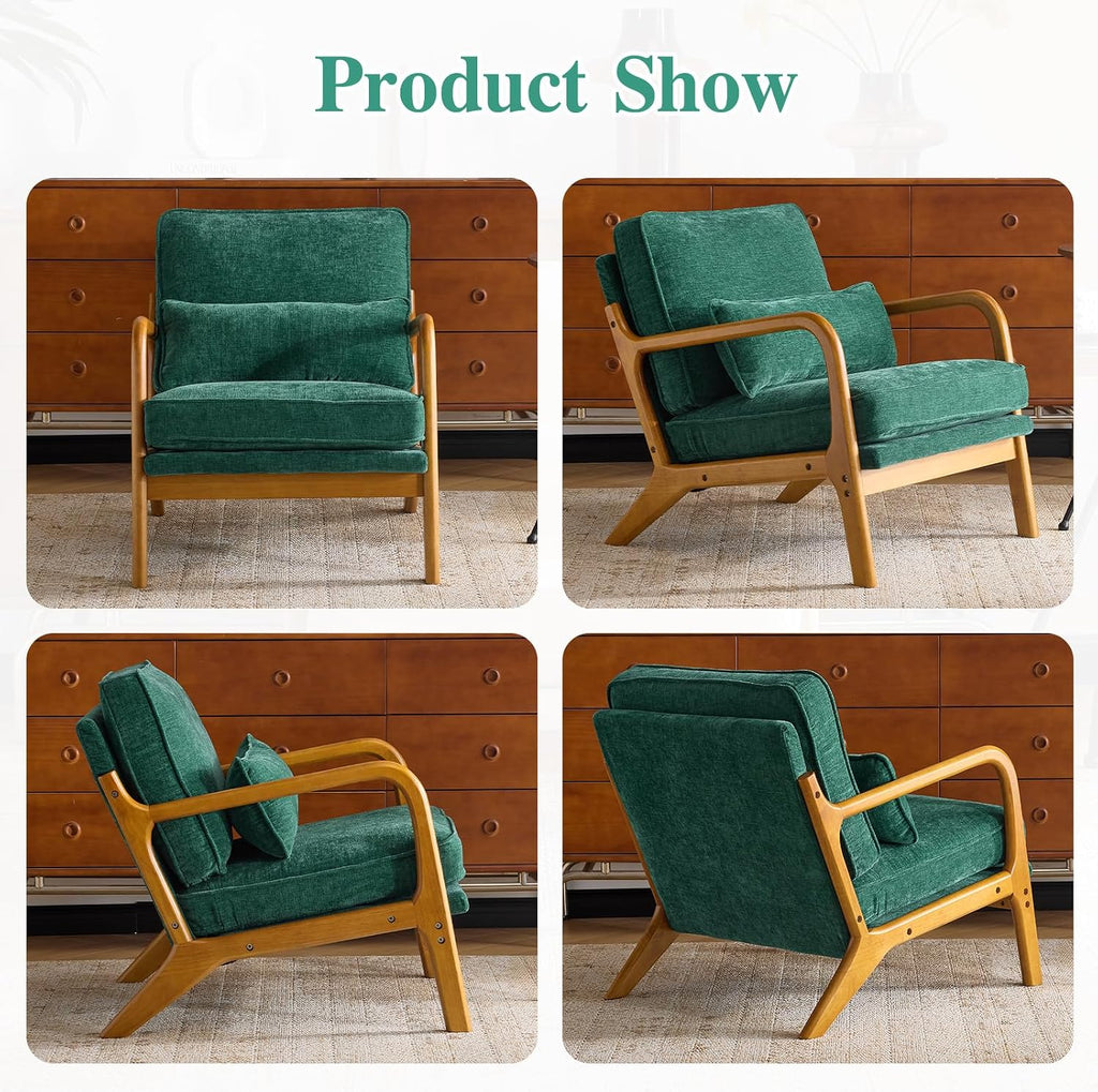 Karl home Mid Century Modern Accent Chair with Lumbar Pillow & Oak Arms – Plush Chenille Living Room Chair for Bedroom, Lounge (Dark Green)