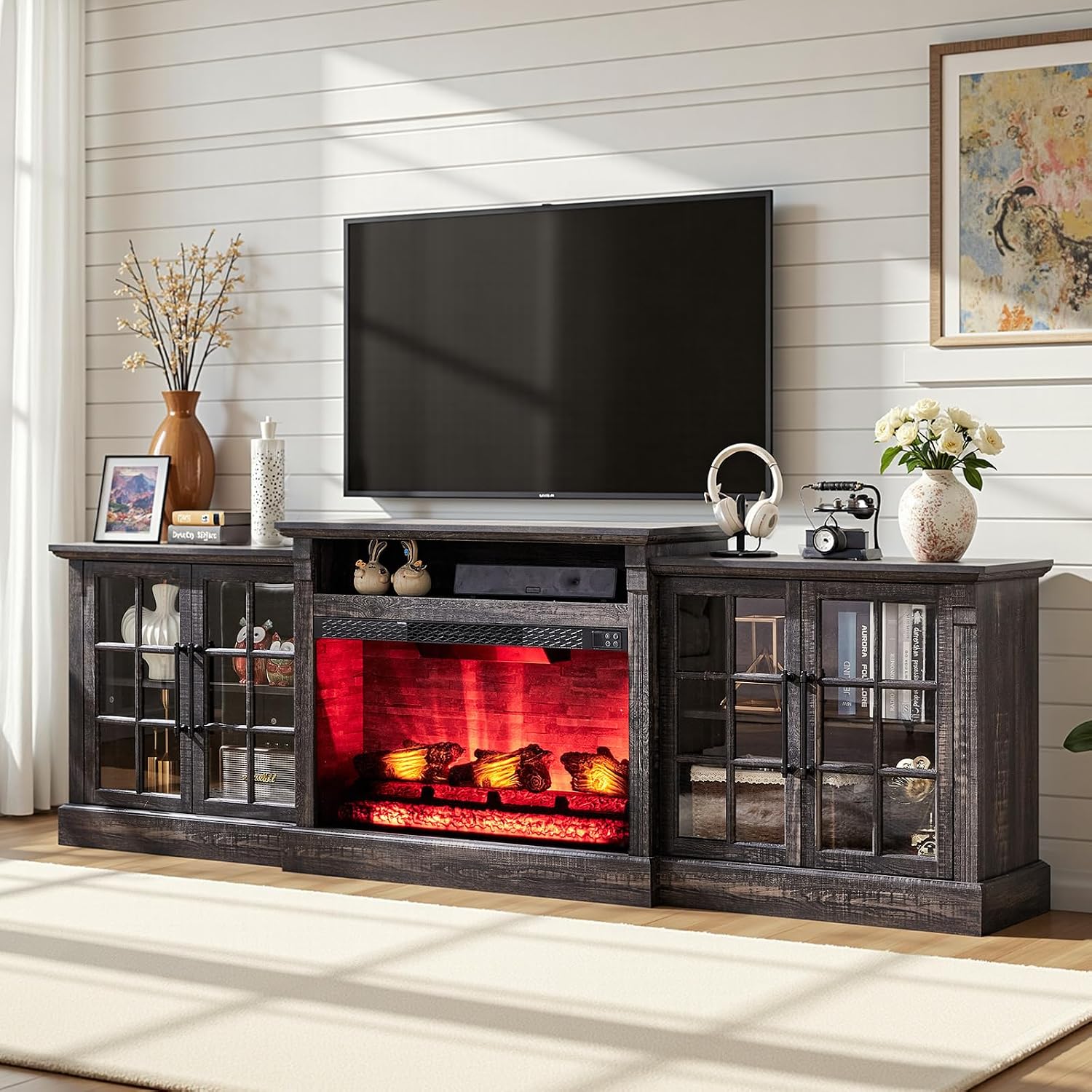 AMERLIFE 97' Farmhouse Fireplace TV Stand, Entertainment Center with Large Storage Space and Adjustable Shelf, Media Console for Living Room, Black