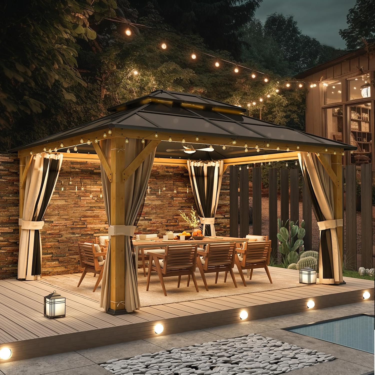 YOLENY 12'x14' Hardtop Wood Outdoor Gazebo, Polycarbonate Double Roof, Netting and Curtains, Patio Gazebo for Decks, Backyards, Lawns and Gardens