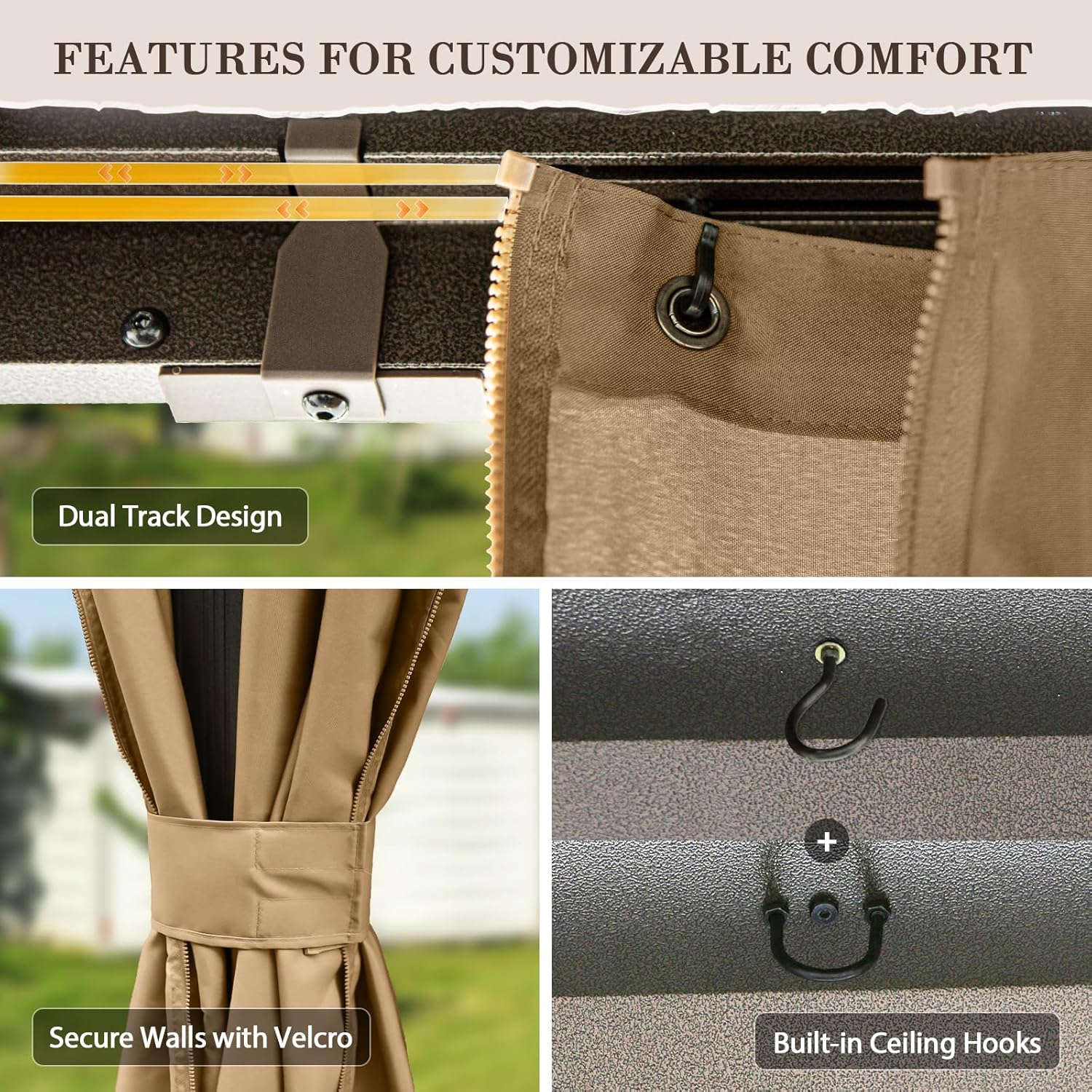 EAGLE PEAK 12x14 Hardtop Gazebo, Galvanized Steel Double Roof with Aluminum Frame, Outdoor Pavilion with Netting and Curtains for Patio, Deck, Lawn and Garden, Dark Brown/Tan