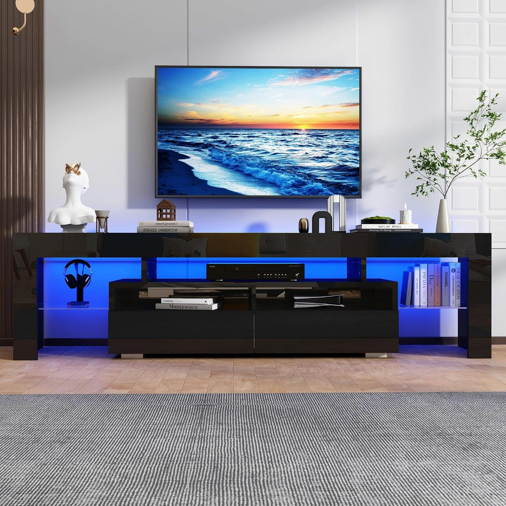 Uspeedy 70in TV Stand for 75/80 inch TV,Modern LED TV Stand for Living Room,Black TV Stands,High Gloss TV Entertainment Center with Storage Drawer,APP RGB Light,TV Console(71in Black)