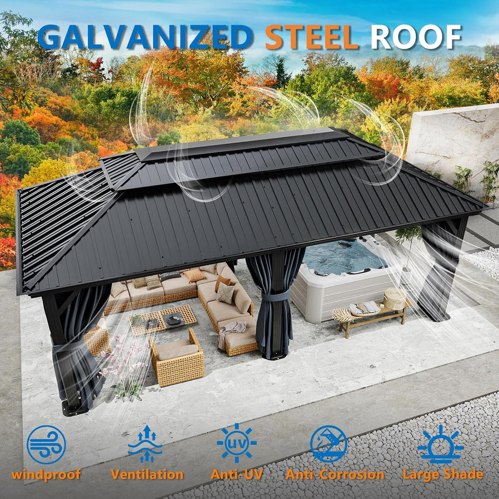 HOTEEL 12x20 Hardtop Gazebo with Metal Roof, Heavy Duty Galvanized Steel Gazebo with Reinforced Aluminum Frame, Flame-Resistant Curtains and Netting, Suitable for Gazebo 10x20, Black (Upgraded 1.0)