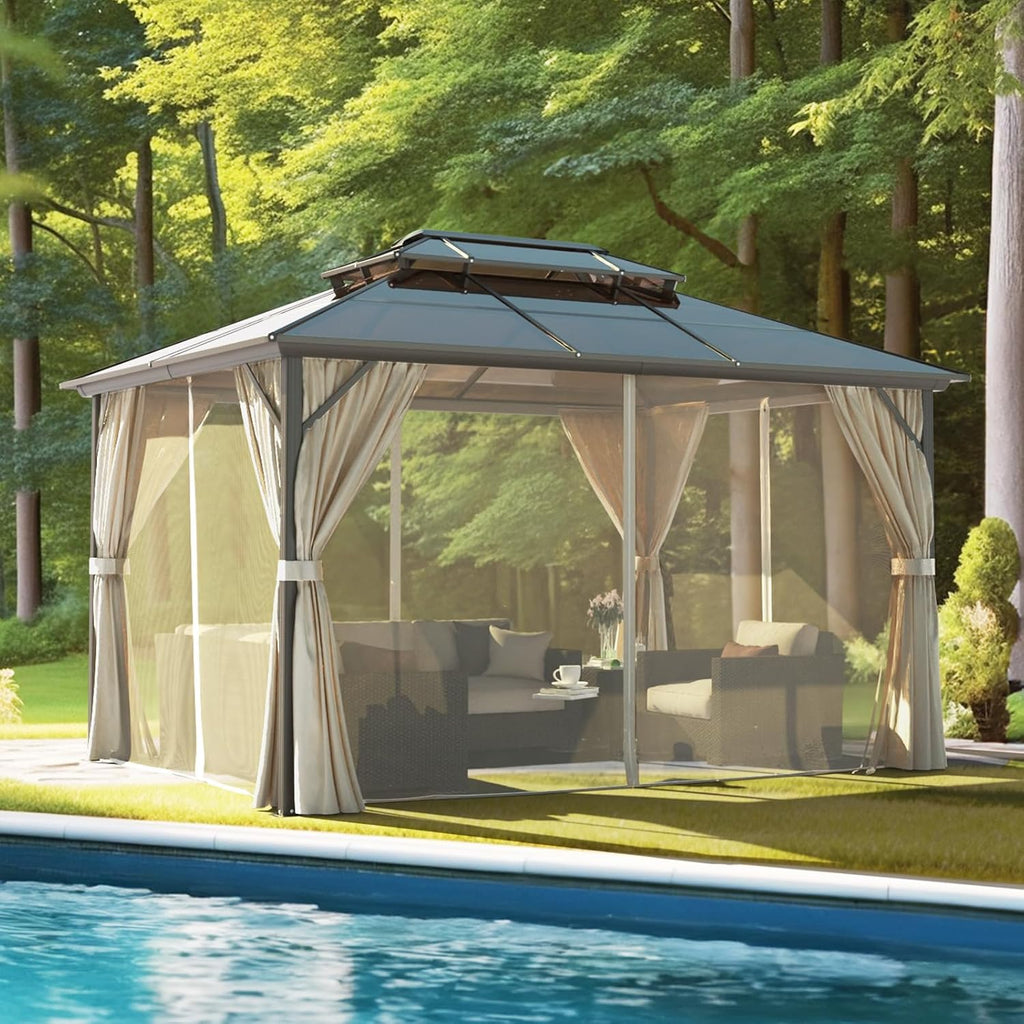 VINGLI 10' x 13' Outdoor Hardtop Gazebo Polycarbonate Double Roof Canopy Aluminum Frame Patio Pavilion Gazebo with Curtains and Netting Patio Gazebo