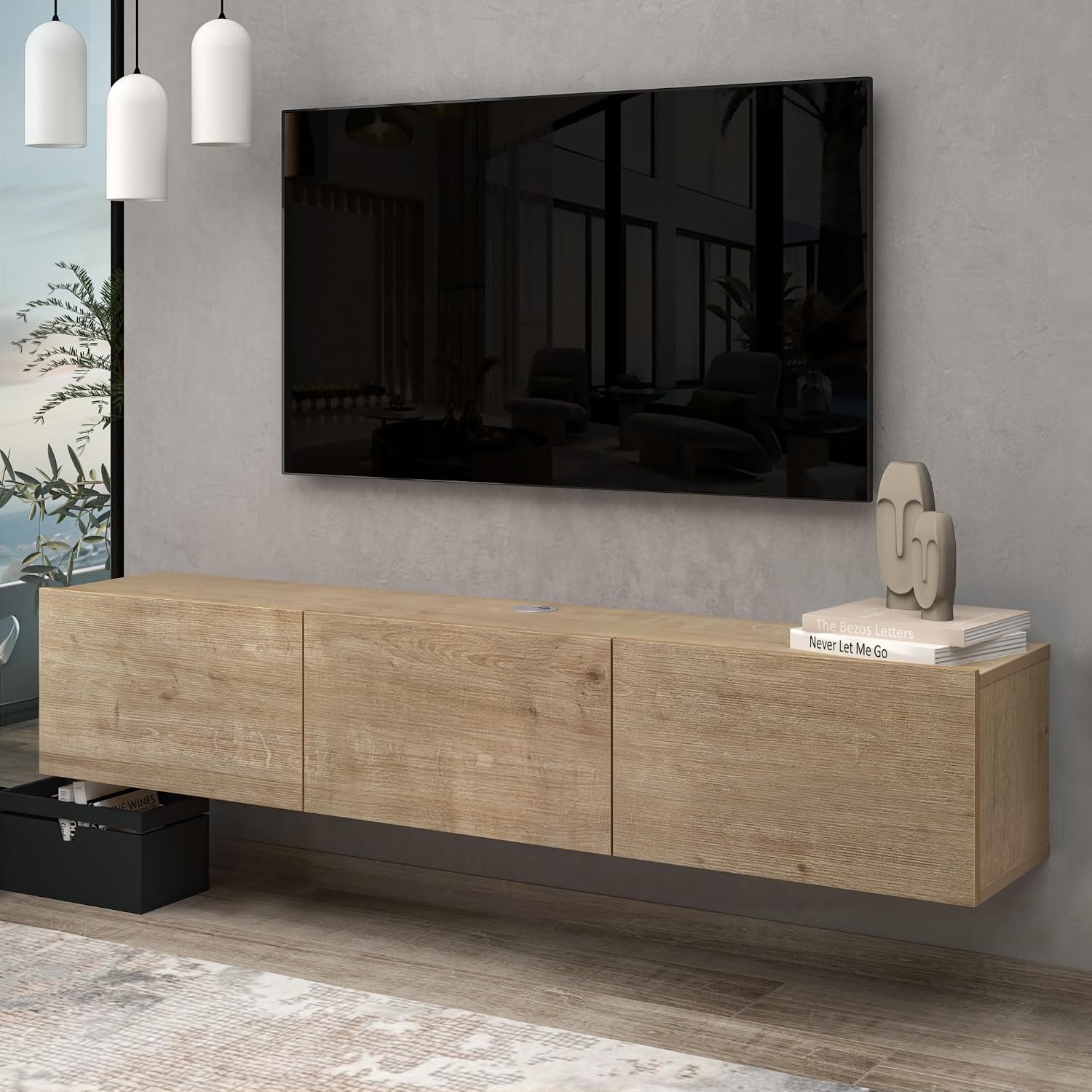 Floating TV Stand for 75-80 Inch TV, 63' Wall Mounted TV Stand with Storage Cabinet, Floating Entertainment Center with Cable Management Hole, Oak Wood Grain Floating Media Console for Living Room