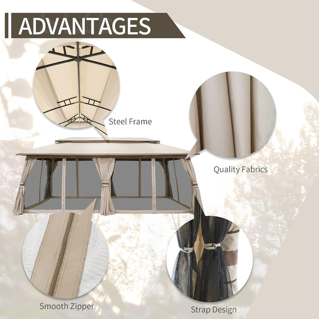 Outdoor Patio Gazebo 10'x20', CPAI-84 Heavy Duty Party Tent & Shelter with Double Roofs, Mosquito Netting and Privacy Curtains for Backyard, Garden, Lawn, Beige