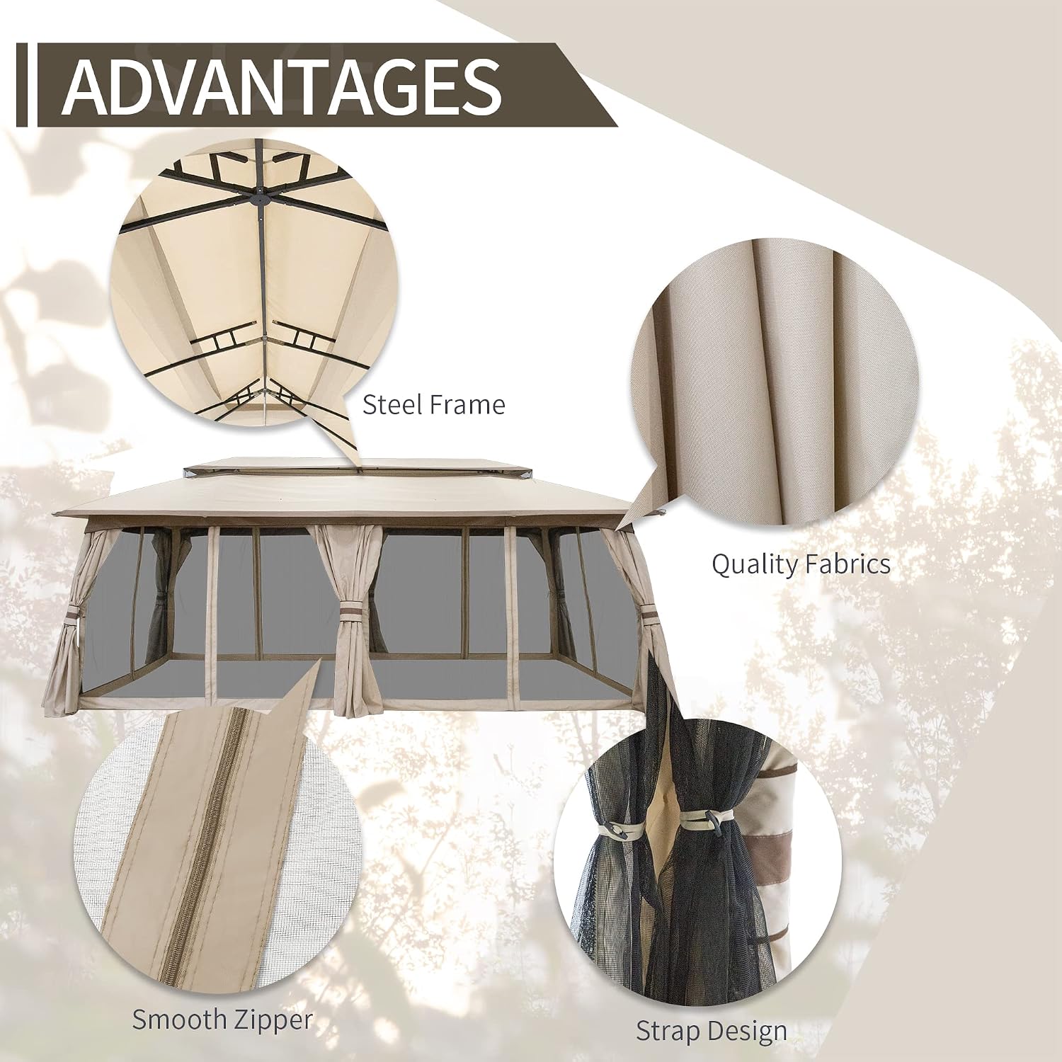 Outdoor Patio Gazebo 10'x20', CPAI-84 Heavy Duty Party Tent & Shelter with Double Roofs, Mosquito Netting and Privacy Curtains for Backyard, Garden, Lawn, Beige