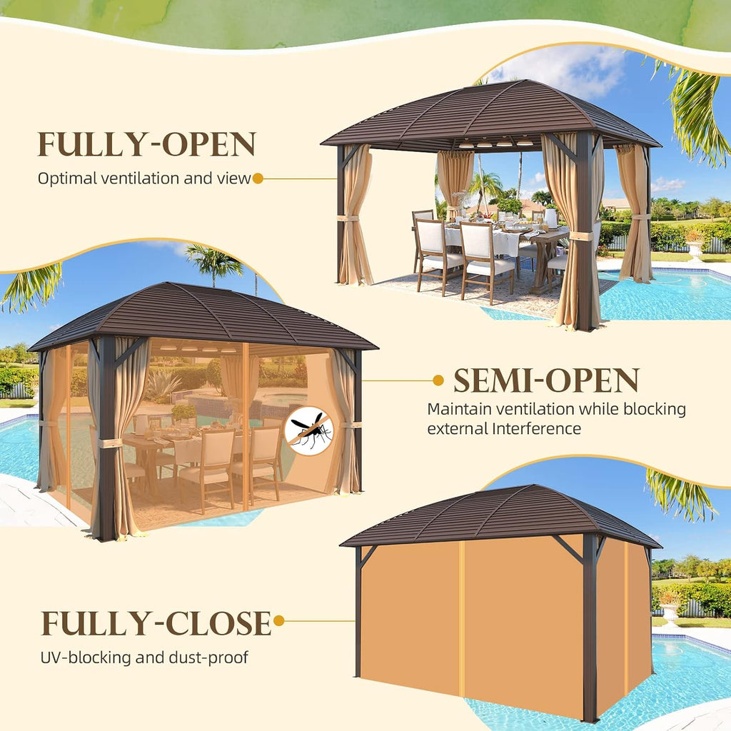 YOLENY 10' x 13' Hardtop Gazebo with Galvanized Steel Roof, Arc Roof Gazebos with Aluminum Frame, Curtain&Netting Included, Sunshade for Gardens, Lawns, Deck