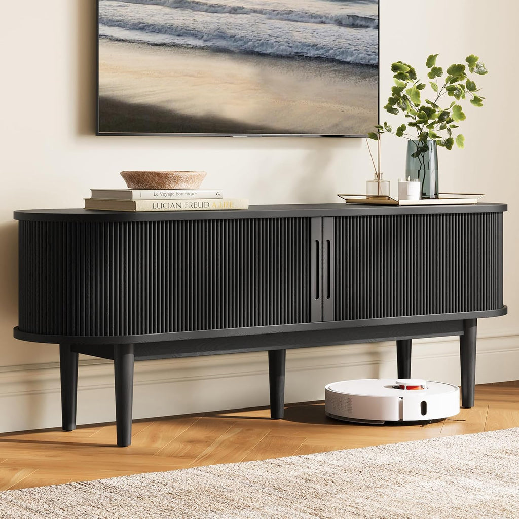 LINSY HOME Fluted TV Stand for 65' TV, Mid-Century Modern Wood Entertainment Center with Sliding Tambour Door and Storage Cabinet, Boho TV Media Console Table for Living Room, Bedroom, Black