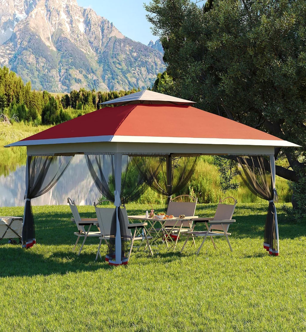 13x13ft Pop-Up Gazebo, Outdoor Canopy Tent With Mosquito Netting, Heavy Duty Party Tent Shelter With Waterproof and Ultraviolet Double Roof for Backyard, Garden, Lawn and Deck (Red)