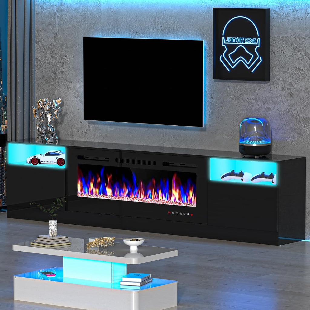 80' Fireplace TV Stand, TV Stand with 36' Fireplace, LED Light Entertainment Center with Storage Cabinets, Media TV Console TV Table for Living Room, Black