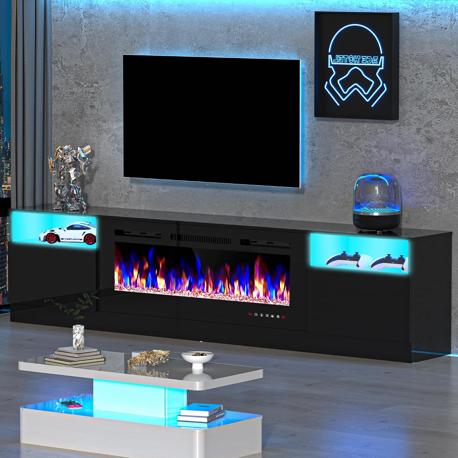 80' Fireplace TV Stand, TV Stand with 36' Fireplace, LED Light Entertainment Center with Storage Cabinets, Media TV Console TV Table for Living Room, Black
