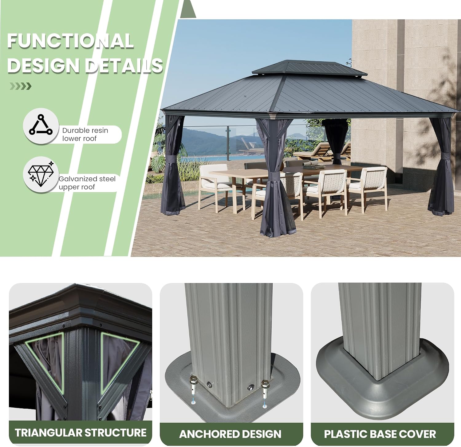 Domi 12' X 16' Hardtop Gazebo, Upgraded Metal Gazebo with Dual-Layer Resin Roof, Drainage System, Curtain and Netting, Outdoor Shelter Canopy for Patio, Garden, and Backyard, Grey