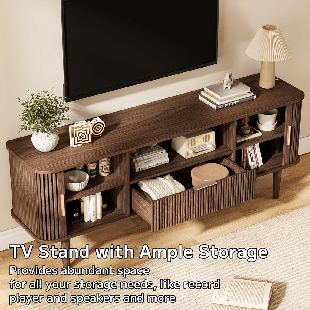 Fluted TV Stand for TVs Up to 60 Inch, 55' Mid-Century Entertainment Center with Sliding Doors&Drawer, Modern Media Console for Living Room, Walnut (55.1' L*15.7*W*23' H)
