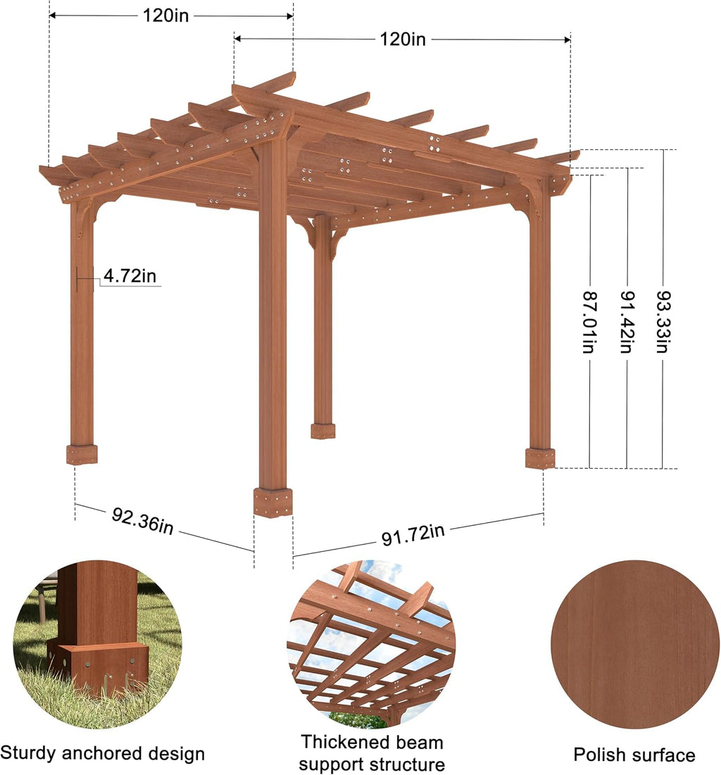 Yardenaler 10x10 FT Wooden Pergola, Cedar Wood Gazebo with Flat Roof, Outdoor Garden Shelter with Stakes Included, Patio, Deck, Backyard, Lawn