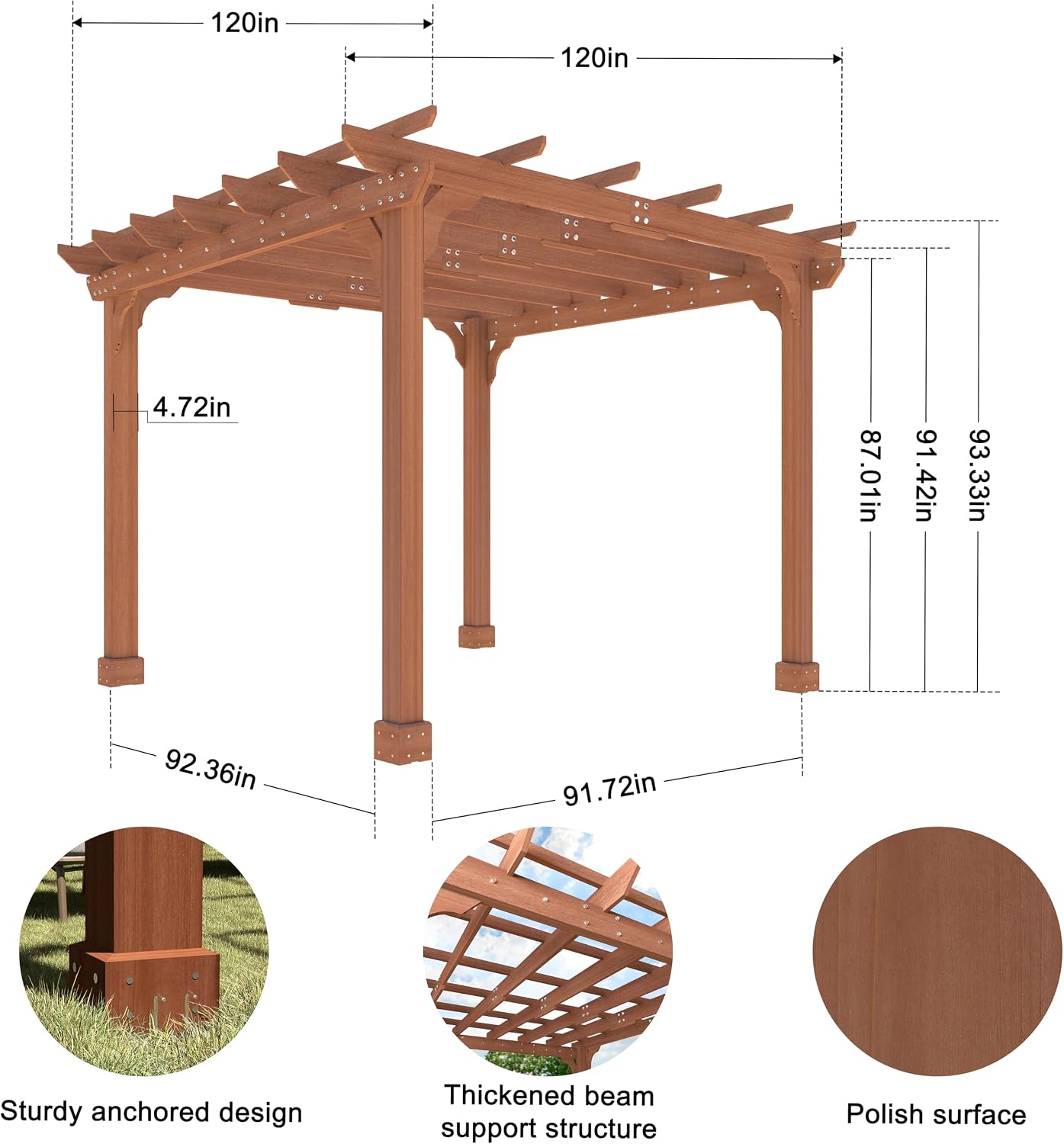 BlueWish 10'x10' Outdoor Pergola, Patio Cedar Wood Gazebo Outdoor Backyard Gazebo Pergola Kits with Slatted Roof Trellis & Stakes for Deck Grill Party Garden